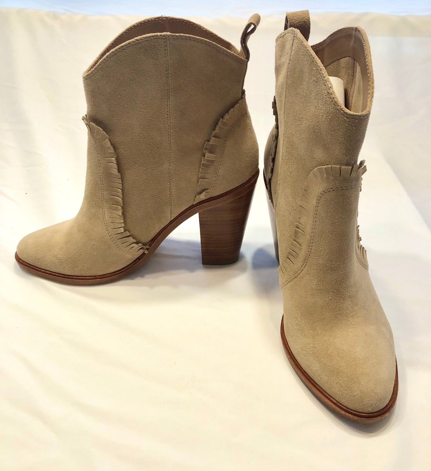 New Joie Tan Suede Mathilde Ankle Boots with Western Fringe, Sz39