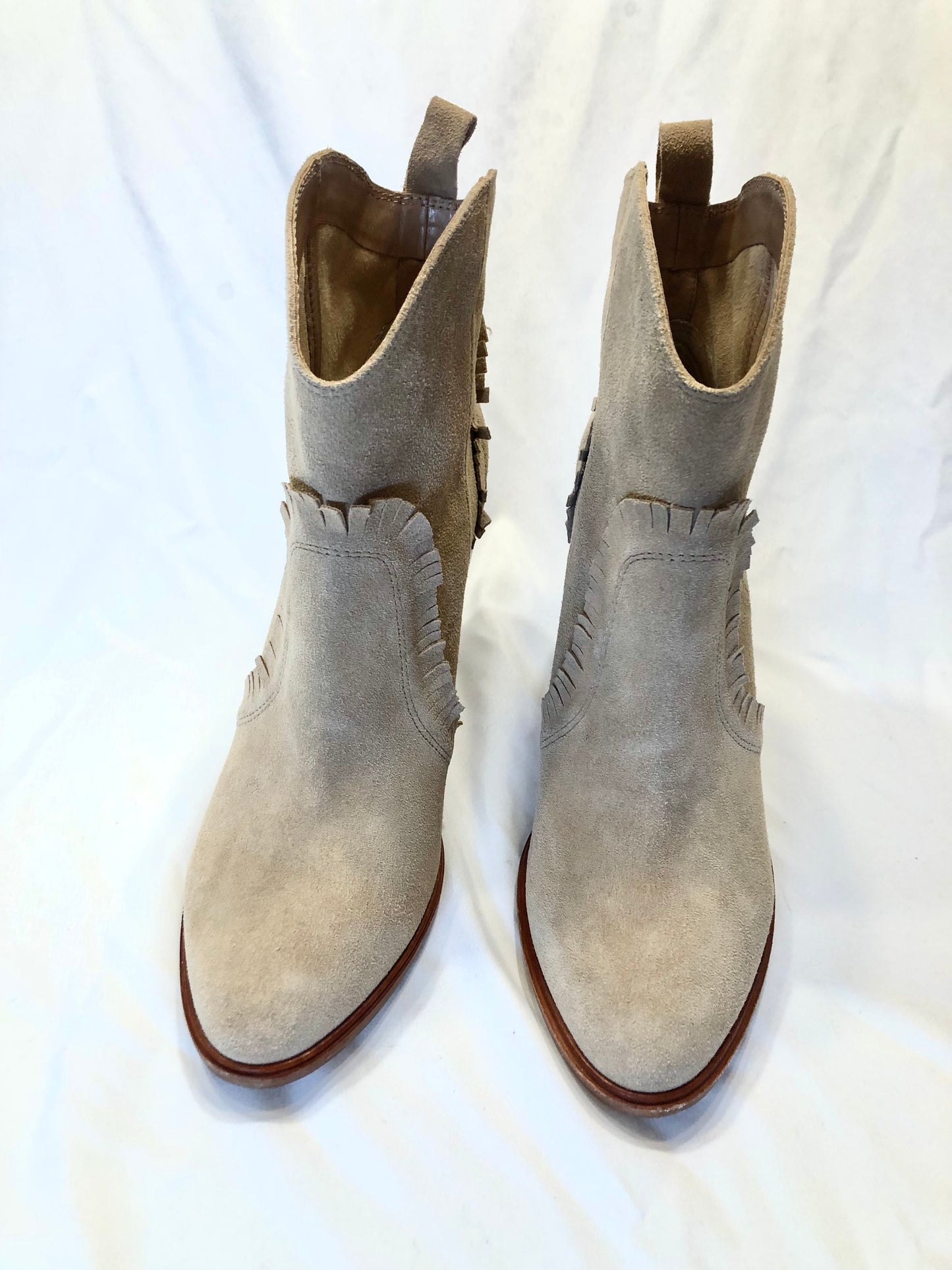 New Joie Tan Suede Mathilde Ankle Boots with Western Fringe, Sz39