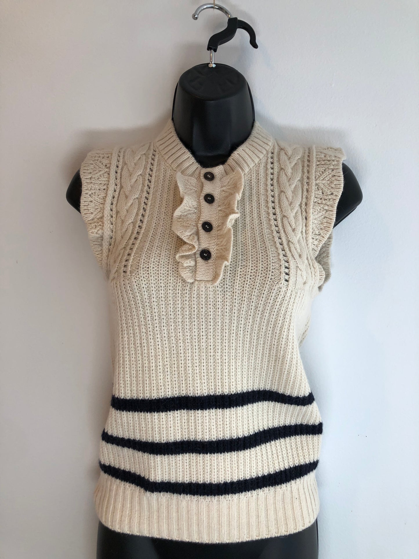 Authentic DSquared2 Ruffle Trim Sleeveless Sweater, Cream w/Navy Stripes, Sz S