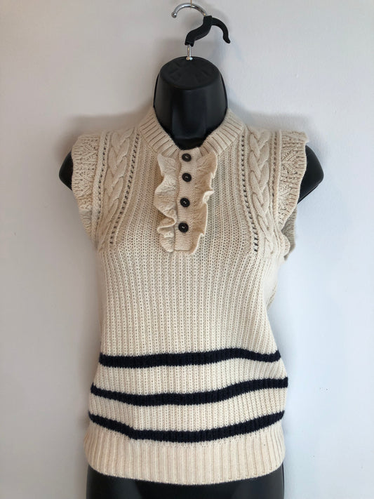 Authentic DSquared2 Ruffle Trim Sleeveless Sweater, Cream w/Navy Stripes, Sz S