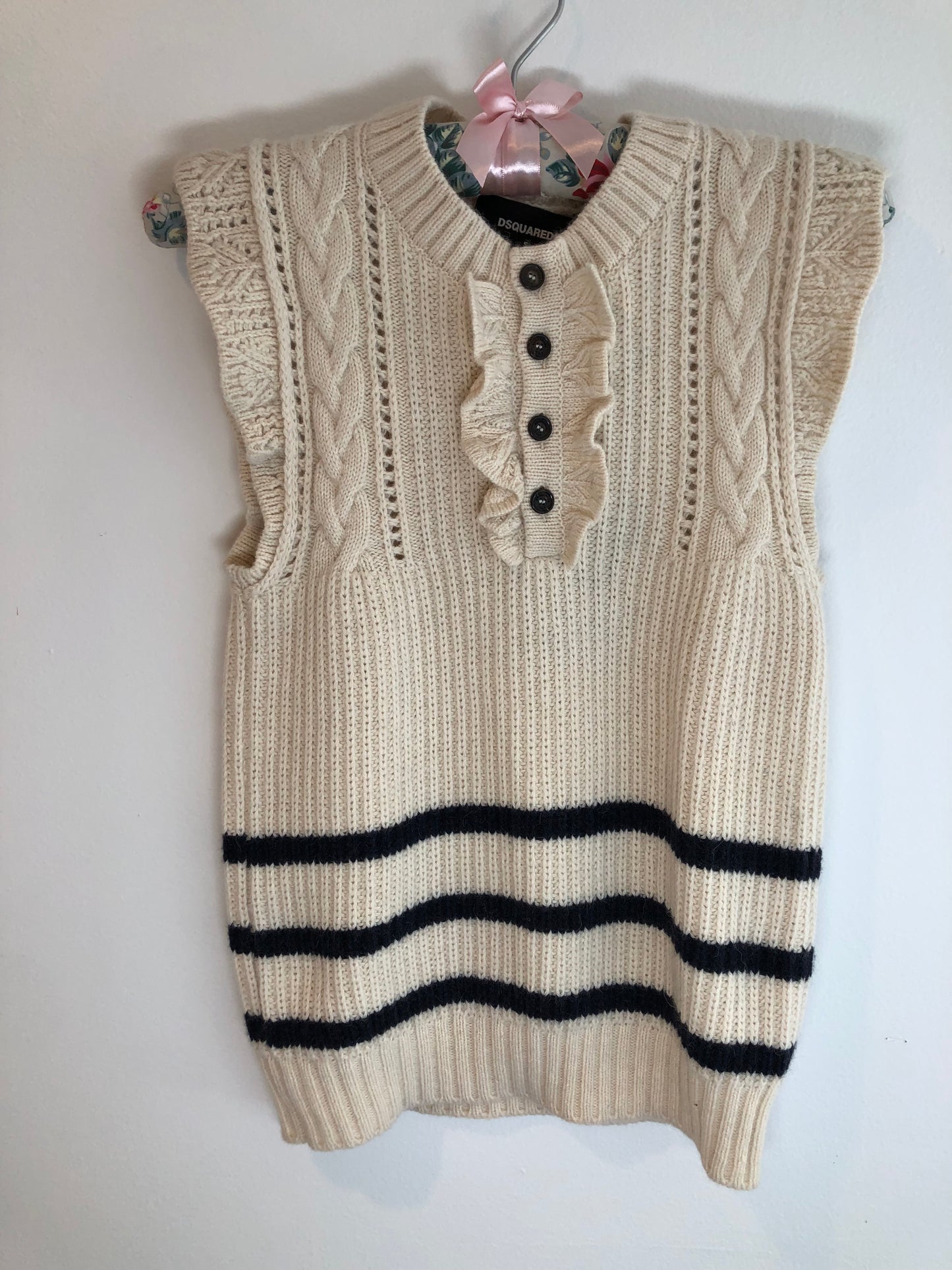 Authentic DSquared2 Ruffle Trim Sleeveless Sweater, Cream w/Navy Stripes, Sz S