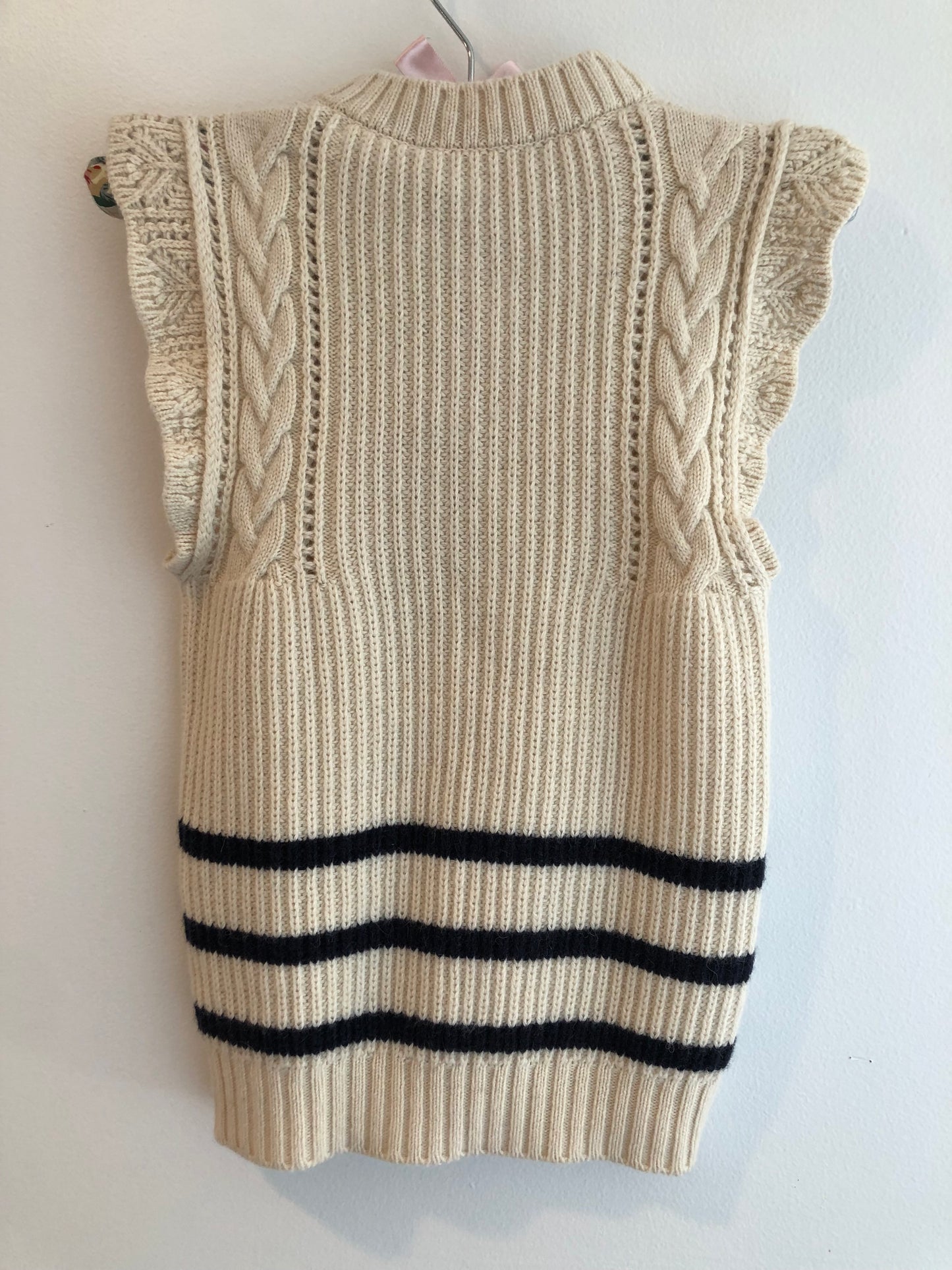 Authentic DSquared2 Ruffle Trim Sleeveless Sweater, Cream w/Navy Stripes, Sz S