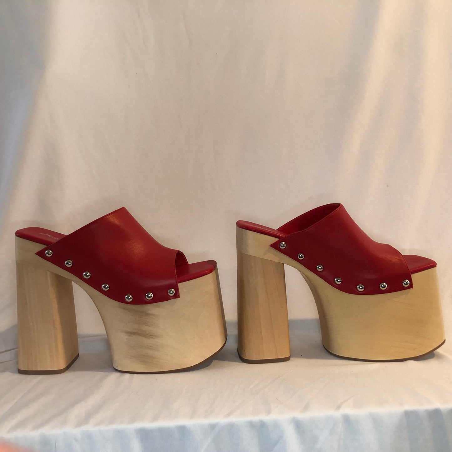 Jeffrey Campbell 2-High 6 inch Red Wooden Platform Mules, Size 7.5