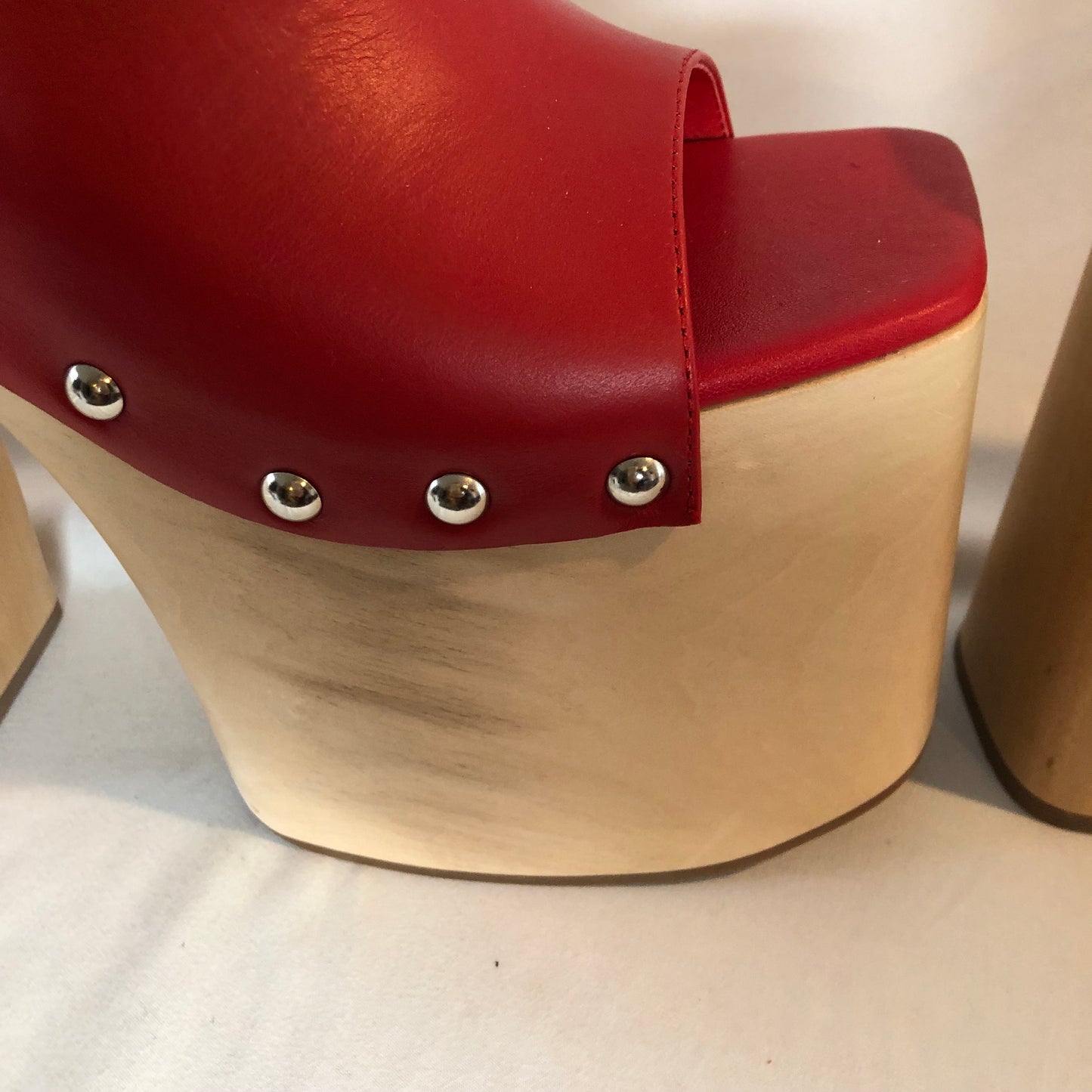 Jeffrey Campbell 2-High 6 inch Red Wooden Platform Mules, Size 7.5