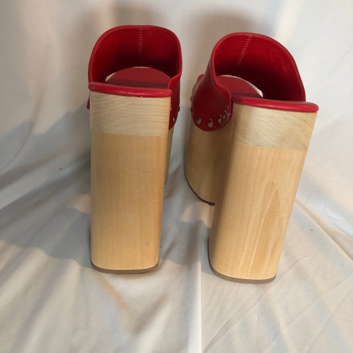 Jeffrey Campbell 2-High 6 inch Red Wooden Platform Mules, Size 7.5