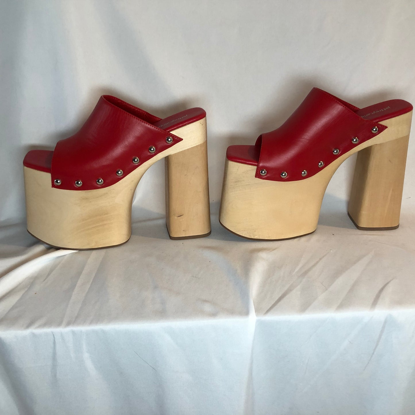 Jeffrey Campbell 2-High 6 inch Red Wooden Platform Mules, Size 7.5