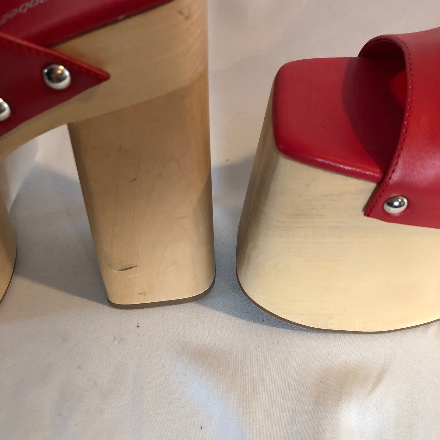 Jeffrey Campbell 2-High 6 inch Red Wooden Platform Mules, Size 7.5