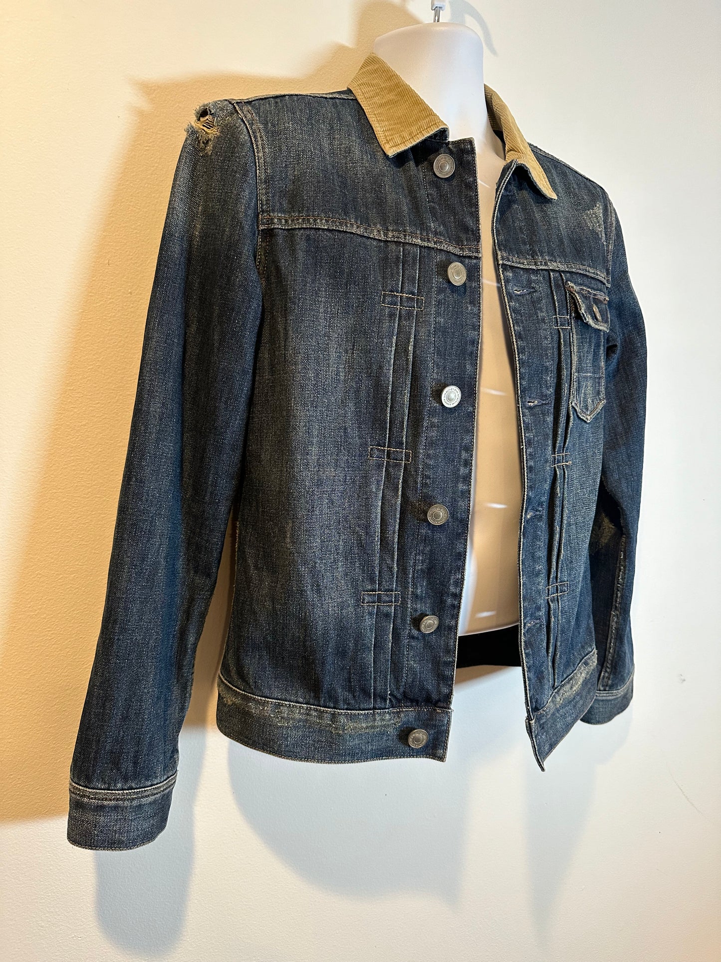 All Saints Dexter Denim Jacket with Corduroy Collar & Flannel Lining, Size XS