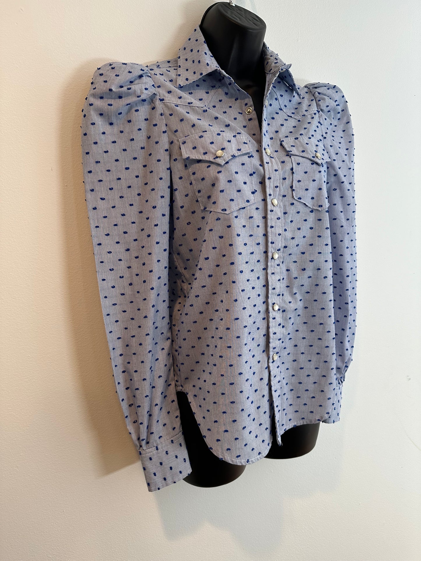 Greyson Womens Blue & White Pin Stripe Swiss Dot Western Shirt, Sz XS