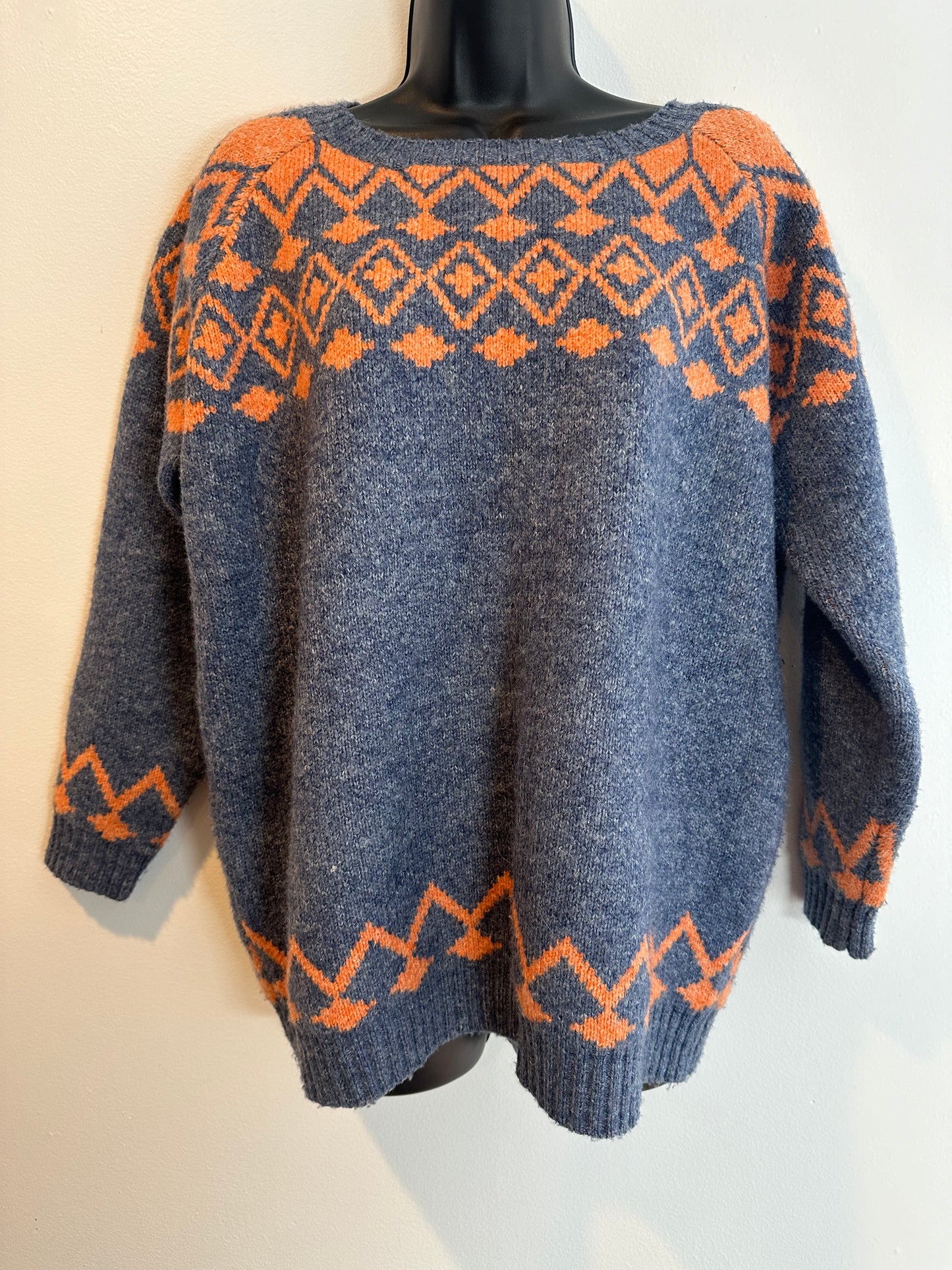 Anthropologie Solitaire Orange and Heathered Blue Faire Isle Sweater, Size L