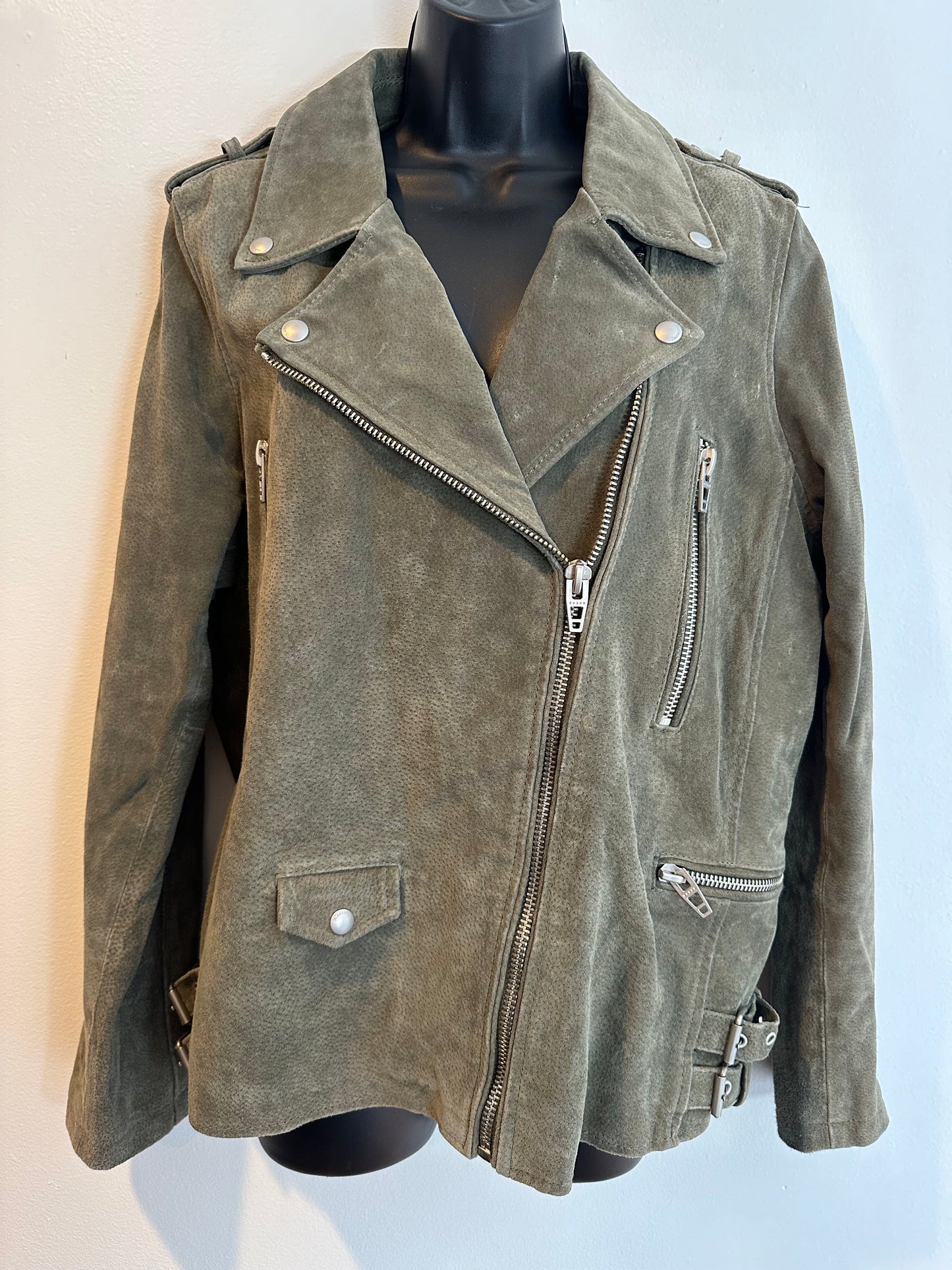 Blank NYC Muted Olive Green Suede Moto Jacket, Size XL