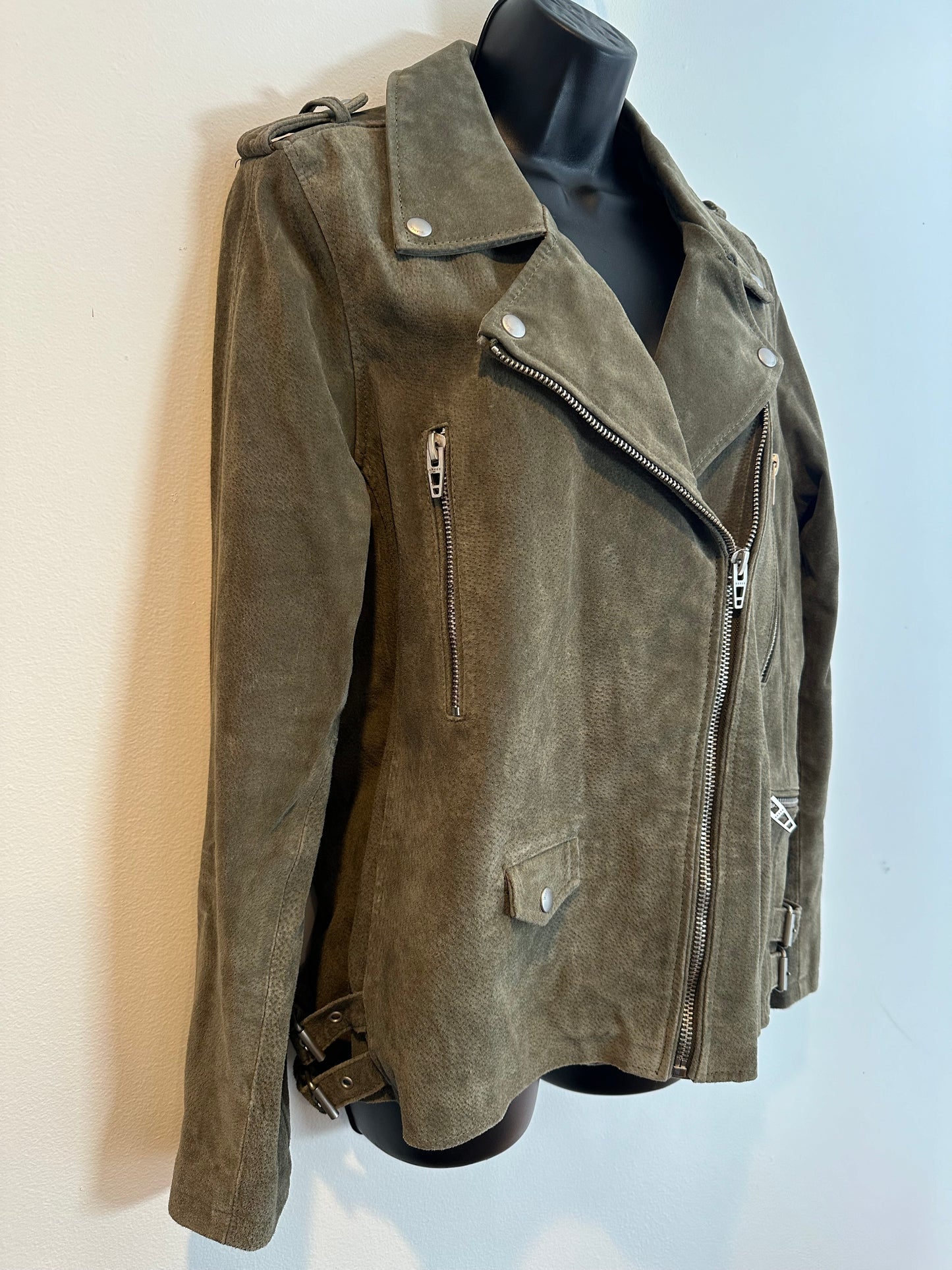 Blank NYC Muted Olive Green Suede Moto Jacket, Size XL