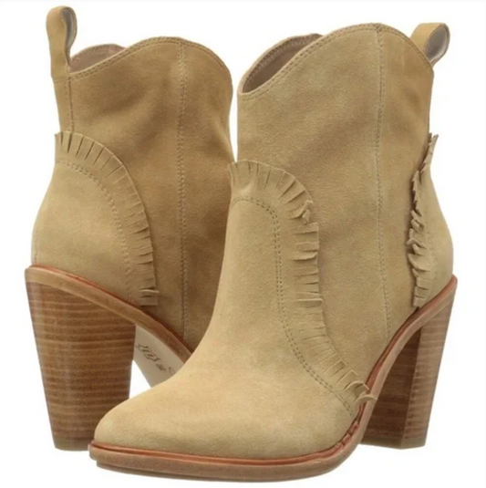 New Joie Tan Suede Mathilde Ankle Boots with Western Fringe, Sz39