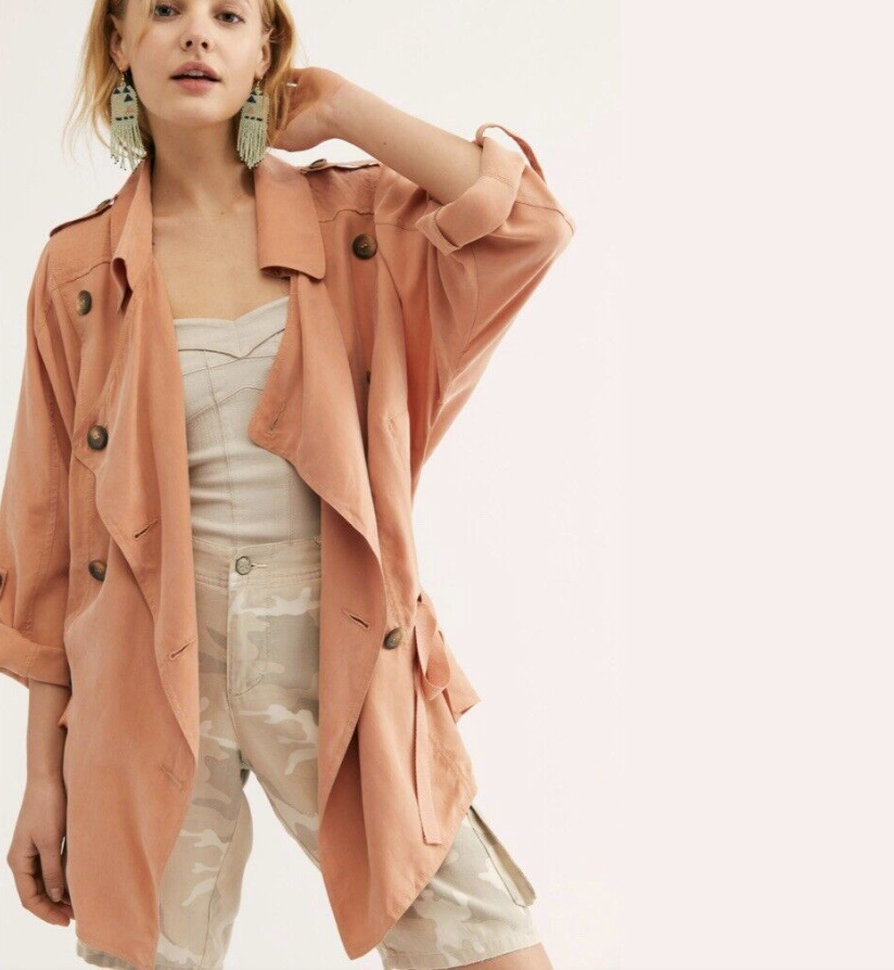 Free People The Lea Jacket Double Breasted Trench Cinched Drawstring, Size S